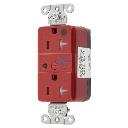 HUBBELL WIRING DEVICE-KELLEMS Straight Blade Devices, Decorator Duplex Receptacle, Hospital Grade, SNAP-Connect, Surge supression, Tamper Resistant, LED Indicator, 20A 125V SNAP8362RS
